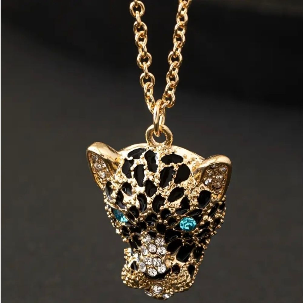 Gold Leopard Head Rhinestone Necklace - Picture 2 of 8